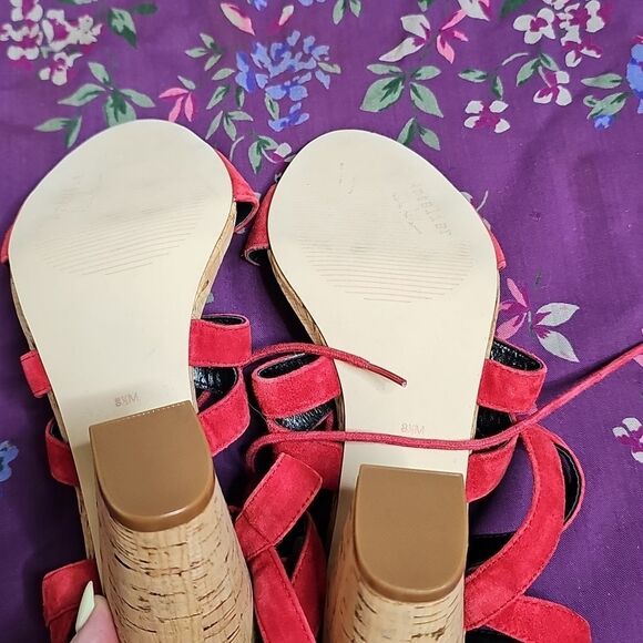 NEW Nicole Miller Artelier 8.5 Tate Red Lace Up Suede Strappy Heels Cork - Picture 7 of 10
